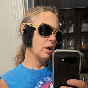 Elvis Gold Sunnies with Black Fur Chops / Sideburns